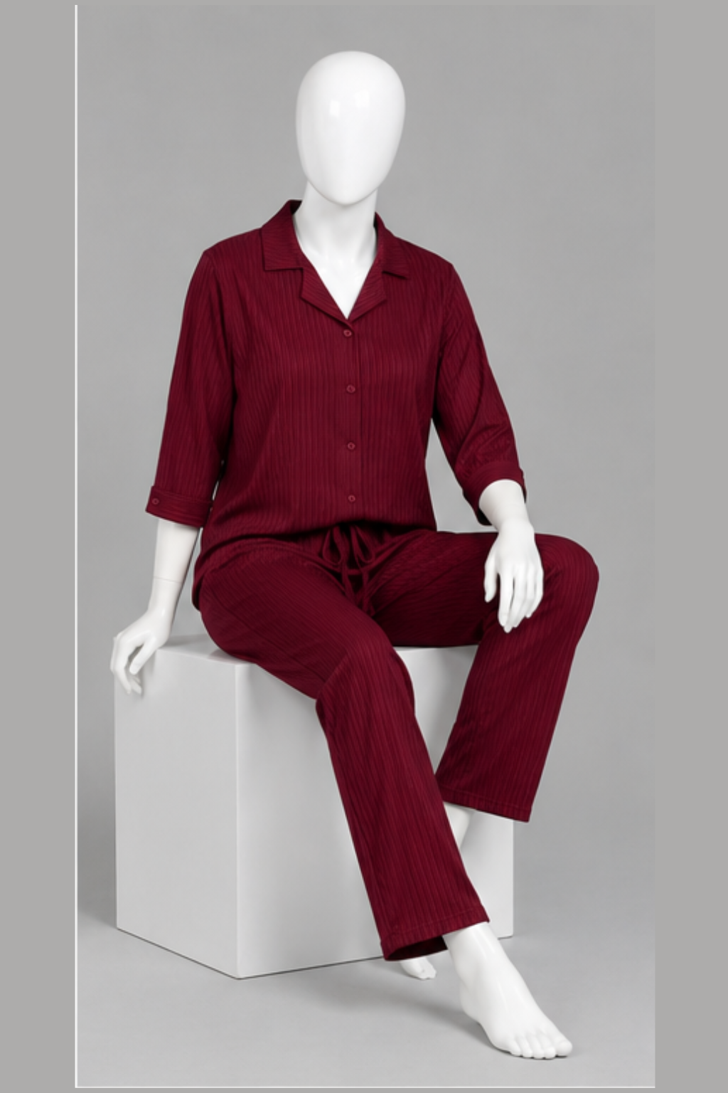 Maroon Co-ord Ribbed Fabric Suit For Women