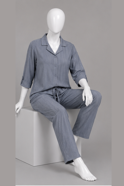 Blue Co-ord Ribbed Fabric Suit For Women
