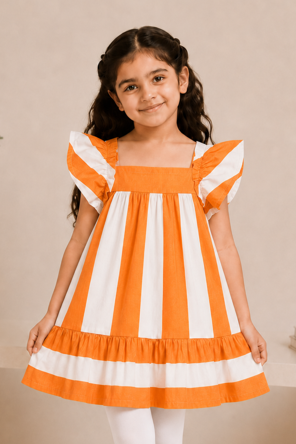 White With Orange Stripes Frock For Girls Main image