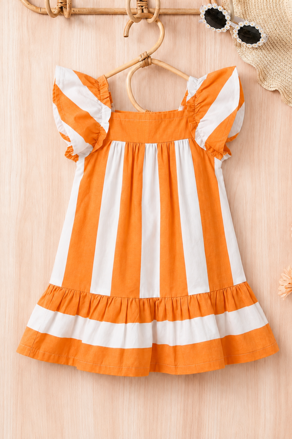 White With Orange Stripes Frock For Girls
