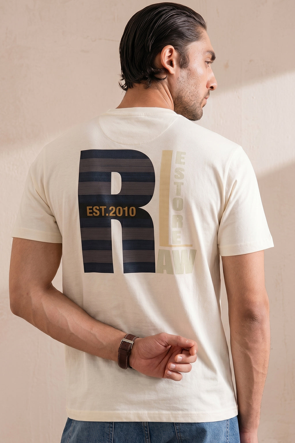 CREAM "RAW CULTURE" BACK PRINT T-SHIRT FOR MEN