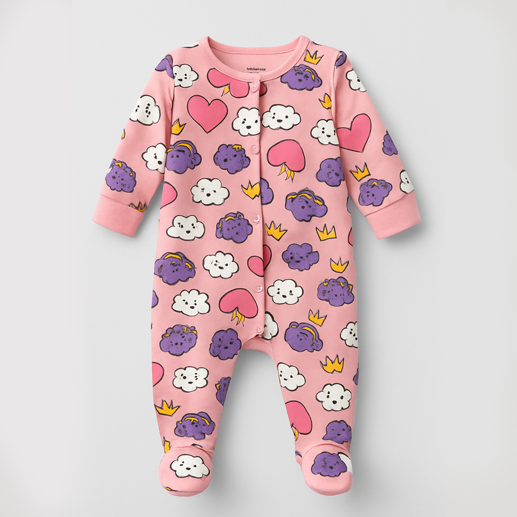 Pink Heart & Clouds Print Romper For Winters