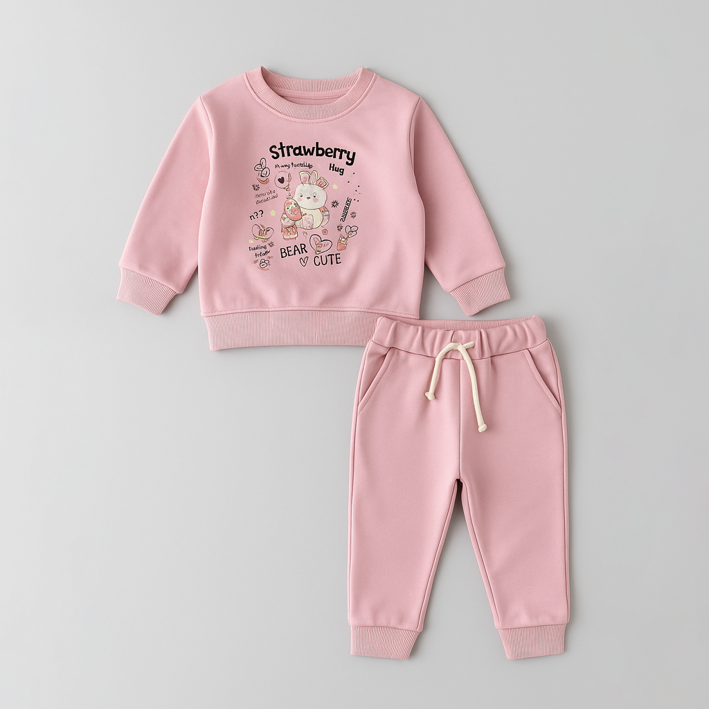 Pink Strawberry Print Fleece Fabric Suit For Winters