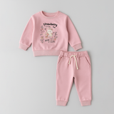 Pink Strawberry Print Fleece Fabric Suit For Winters