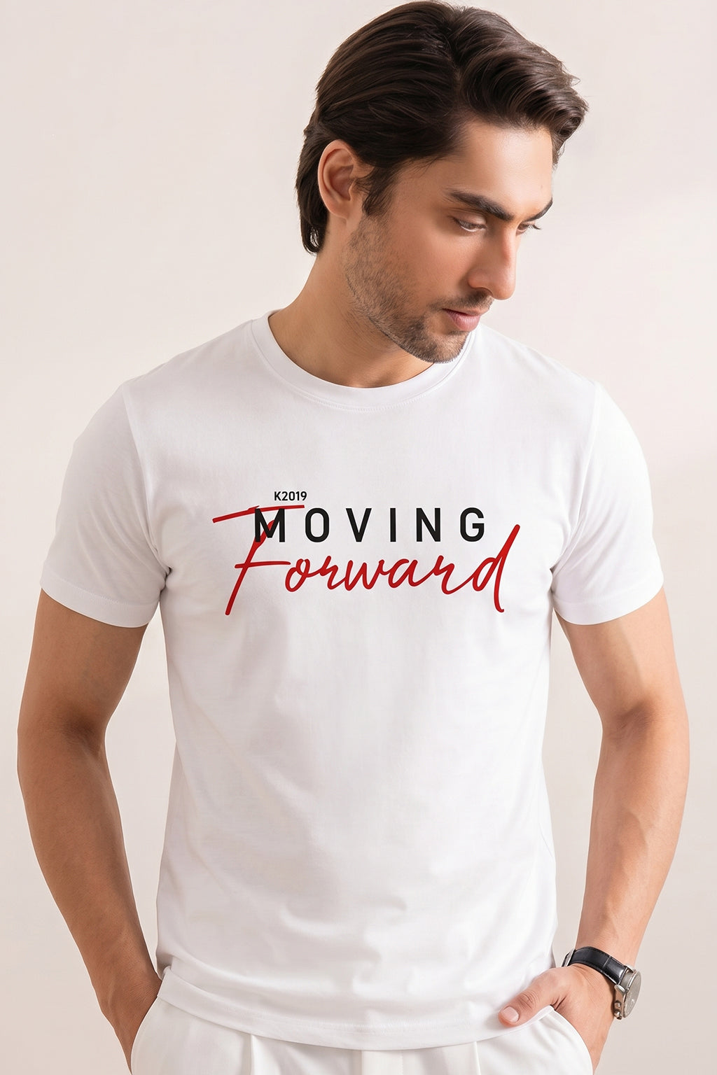 WHITE "MOVING FORWARD" PRINT T-SHIRT FOR MEN