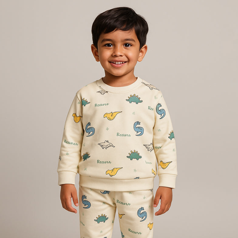 Cream Dino Print Fleece Fabric Suit For Winters