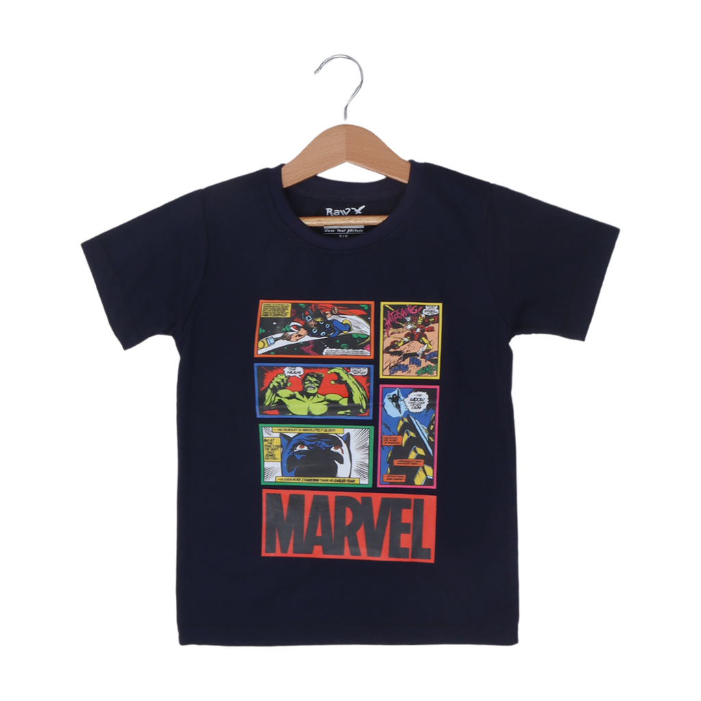 NAVY BLUE SUPER HEROES PRINTED HALF SLEEVES T-SHIRT
