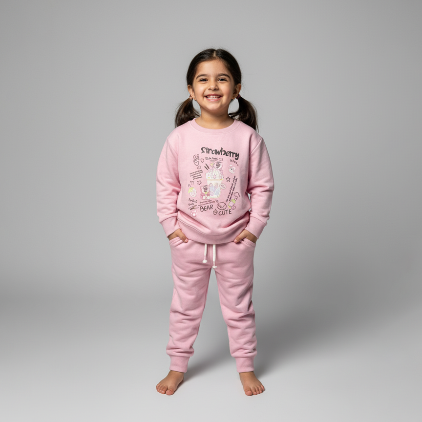 Pink Strawberry Print Fleece Fabric Suit For Winters