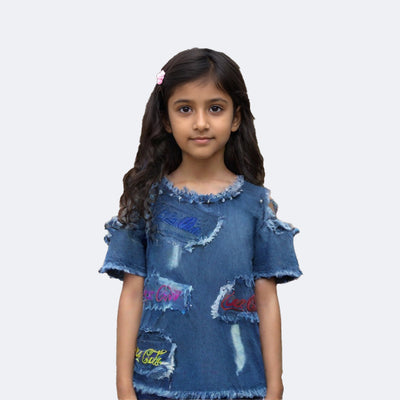 LIGHT BLUE DENIM COLD SHOULDER TOP FOR GIRLS