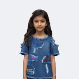 LIGHT BLUE DENIM COLD SHOULDER TOP FOR GIRLS