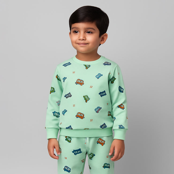 Sea Green Vehicle Print Fleece Fabric Suit For Winters Main image