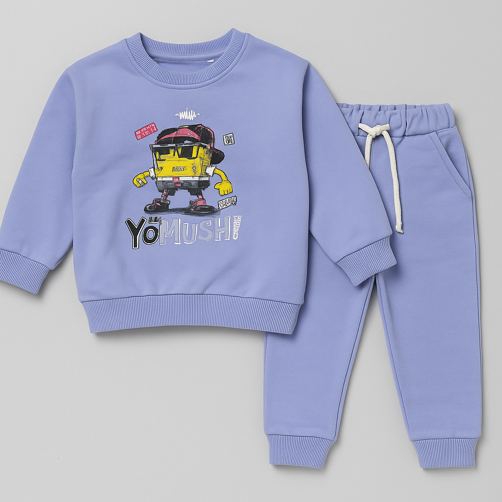 Sky Blue Yomush Print Fleece Fabric Suit For Winters