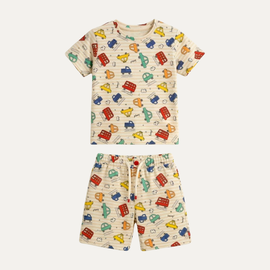Cream Cars Print Suit For Summers