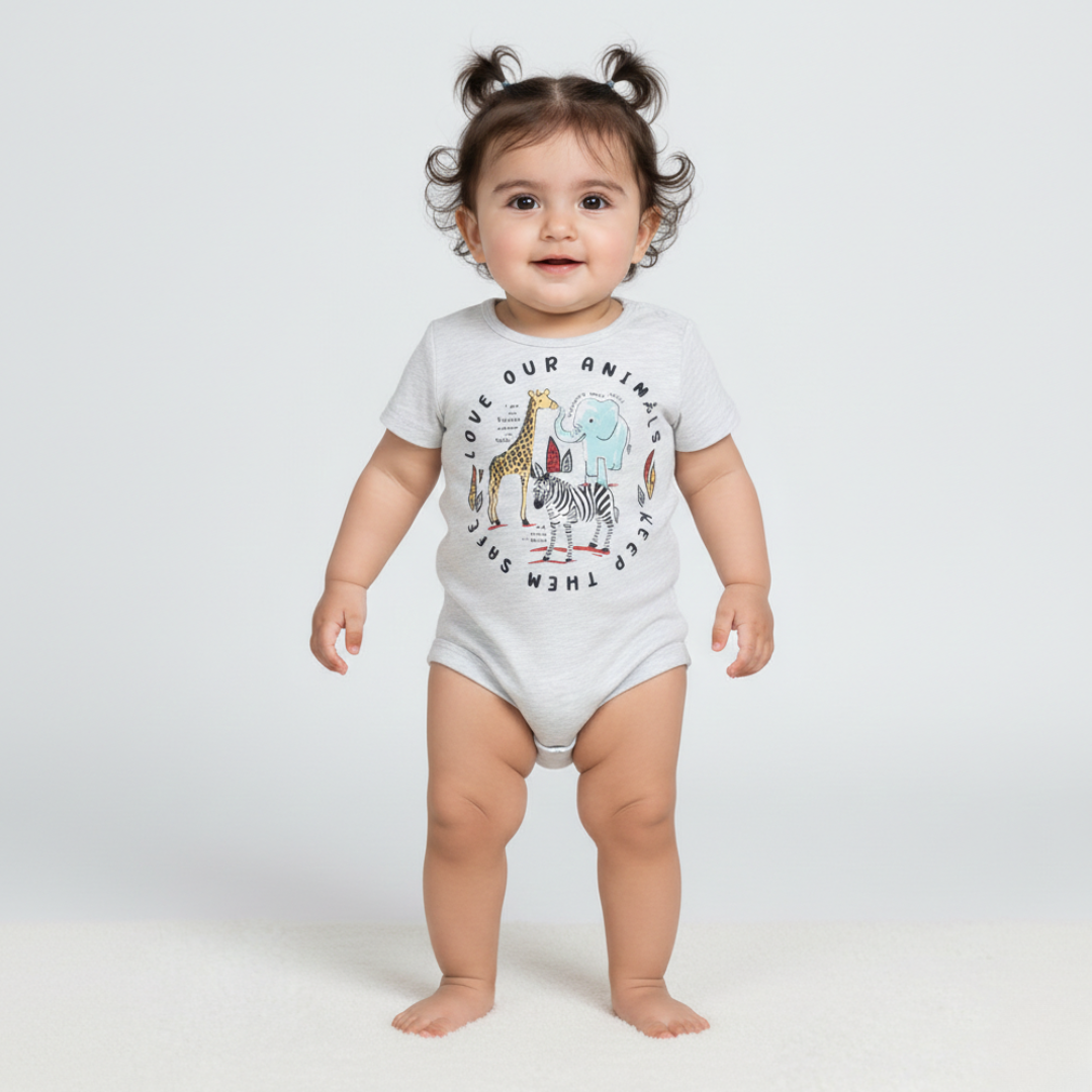 NEW GREY LOVE OUR ANIMALS PRINTED ROMPER FOR BOYS Main image