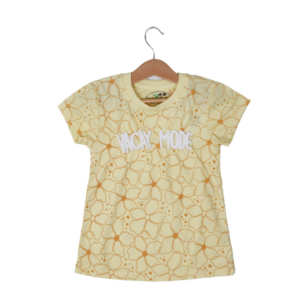 LIME YELLOW VACAY MODE FLOWERS PRINTED T-SHIRT TOP FOR GIRLS