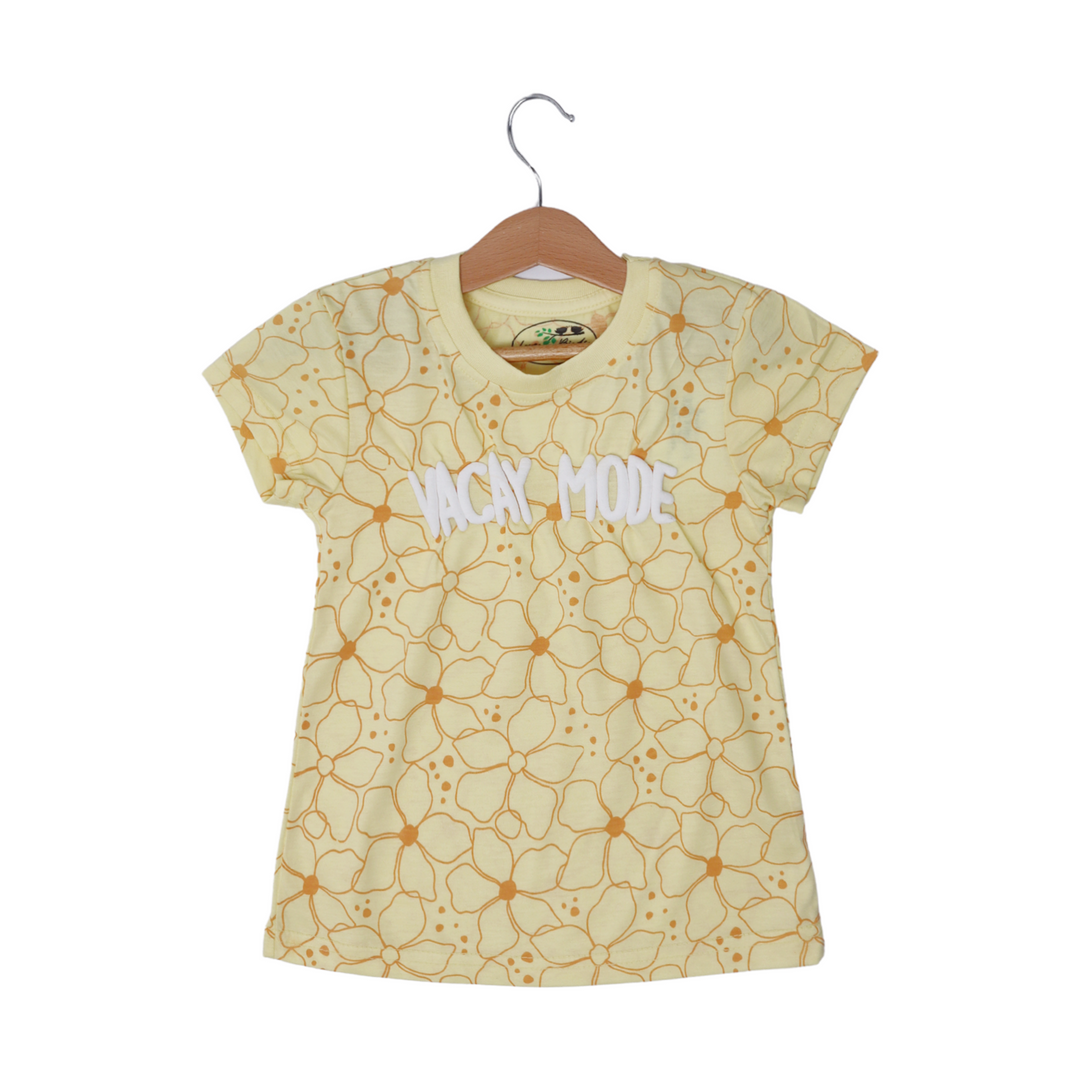 LIME YELLOW VACAY MODE FLOWERS PRINTED T-SHIRT TOP FOR GIRLS