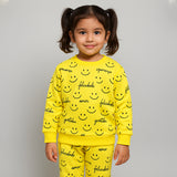 Yellow Smile Print Fleece Fabric Suit For Winters