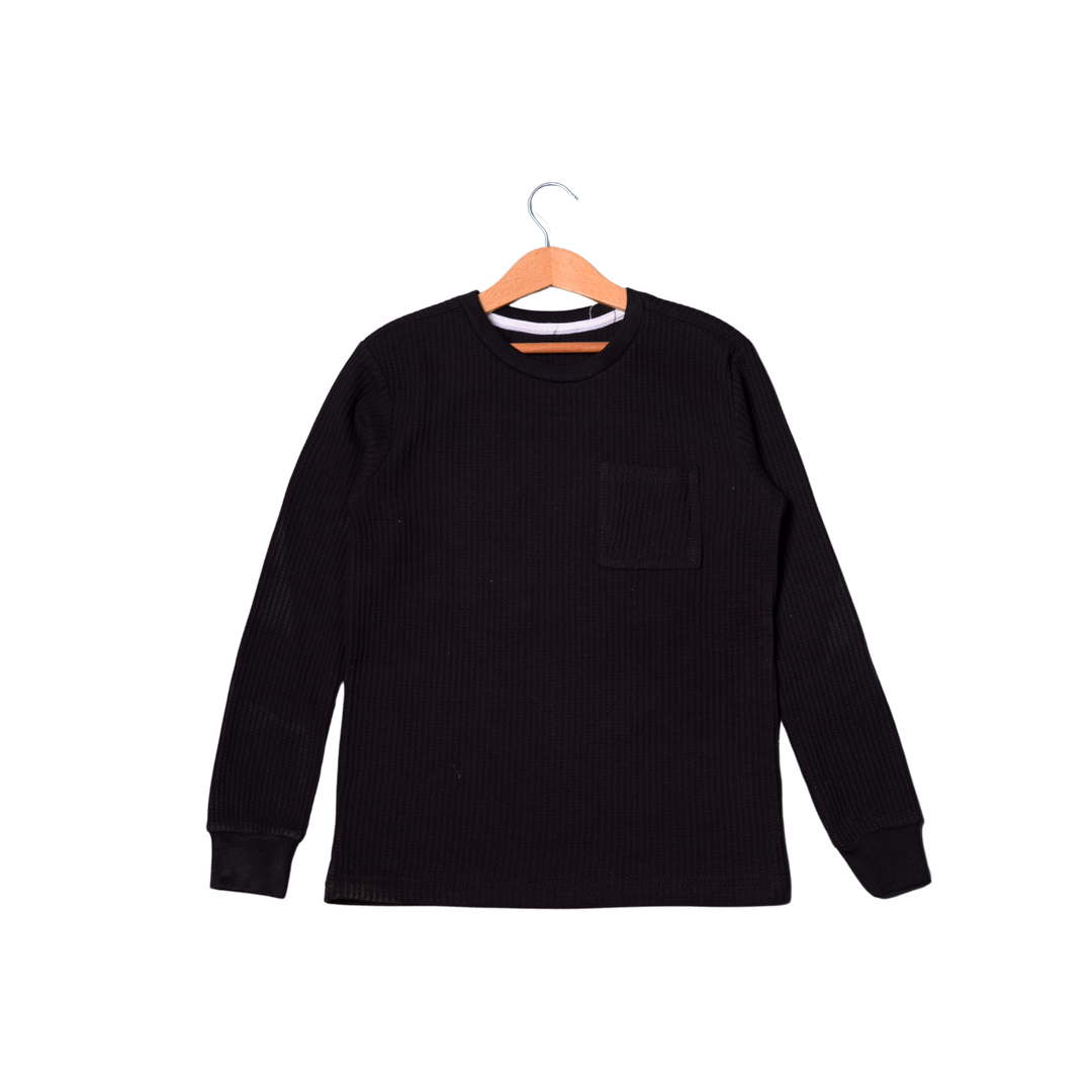 BLACK PLAIN FULL SLEEVES THERMAL FABRIC FRONT POCKET T-SHIRT