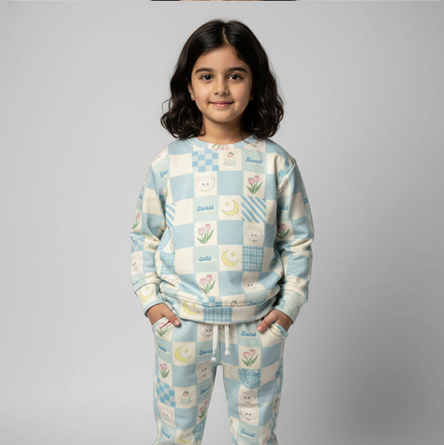 Blue Sweet Bear Print Fleece Fabric Suit For Winters Main image