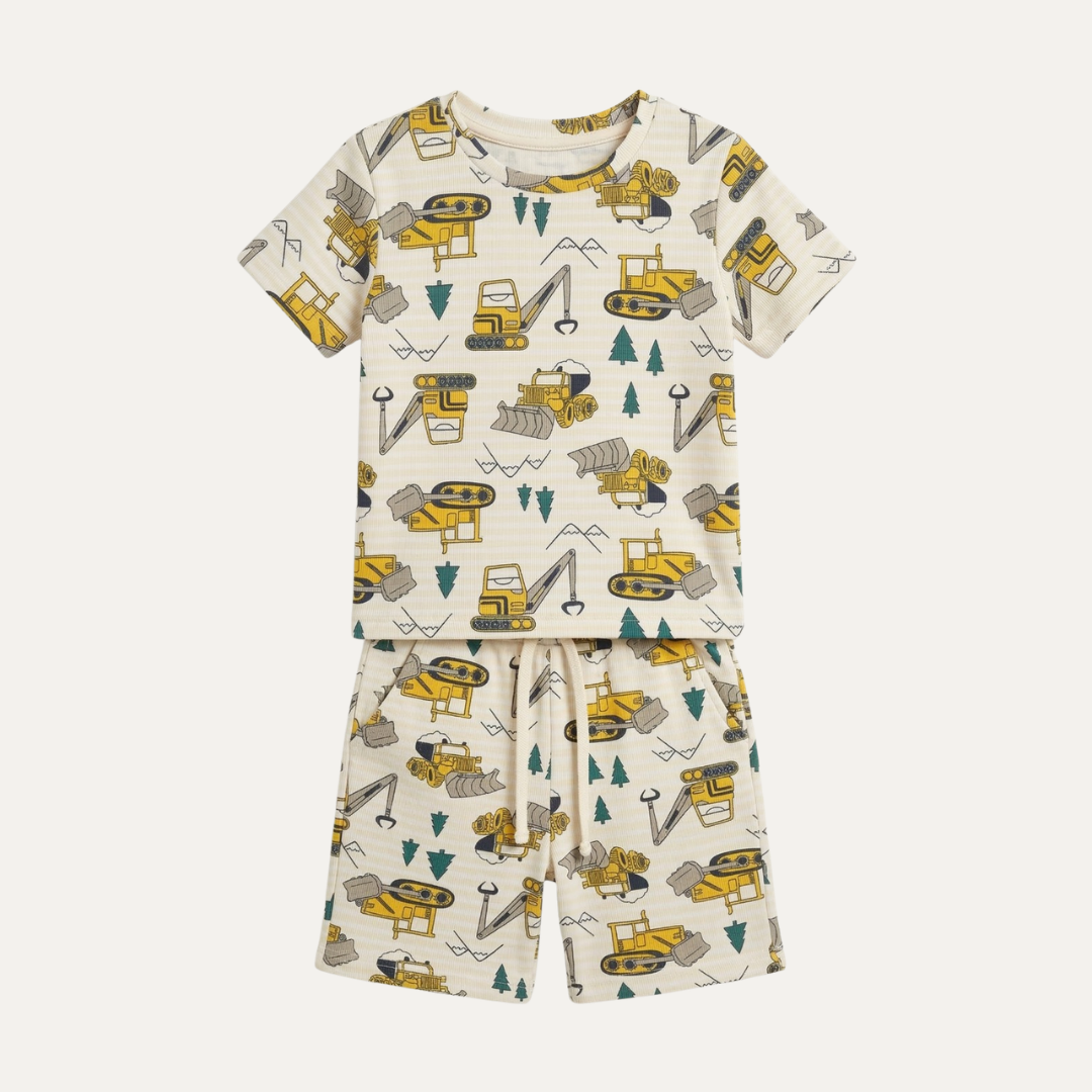 Cream Escavator Print Suit For Summers