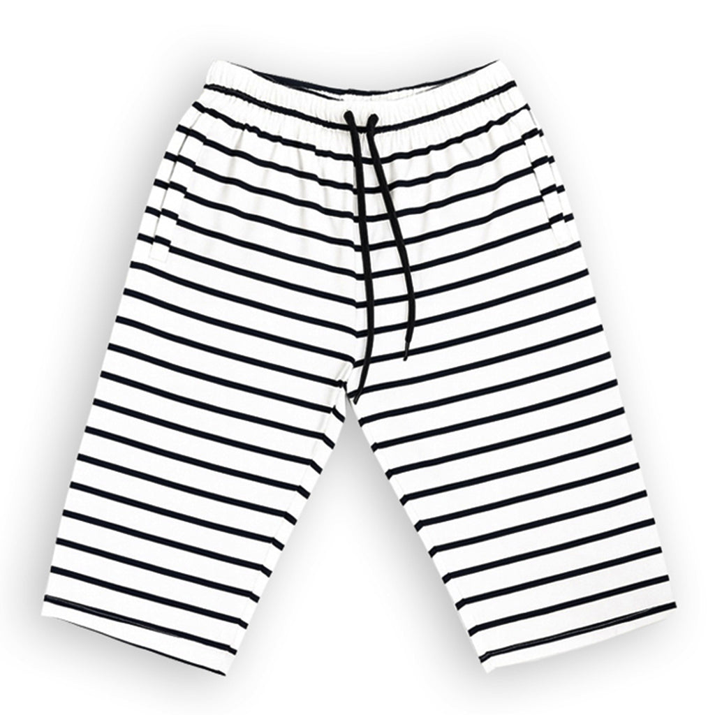 WHITE WITH BLACK BIG STRIPES 3 QUARTER SHORTS FOR MENS