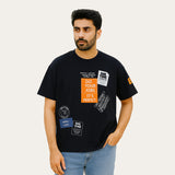 NAVY BLUE "DO YOUR JOBS" PRINT DROP SHOULDER T-SHIRT FOR MEN