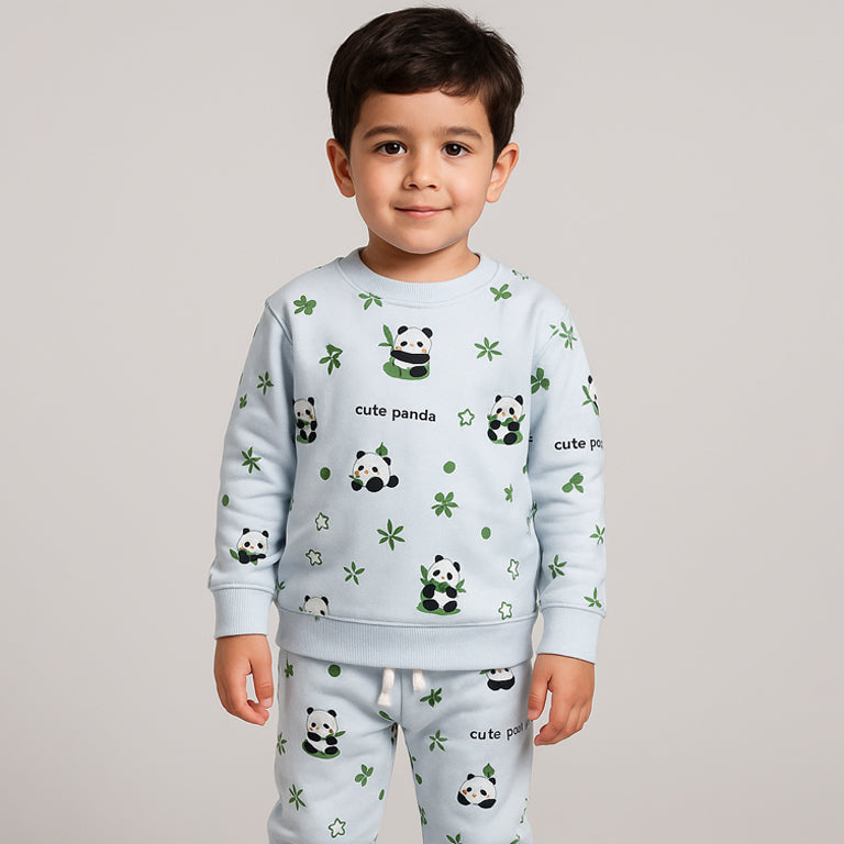 Sky Blue Panda Print Fleece Fabric Suit For Winters Main image