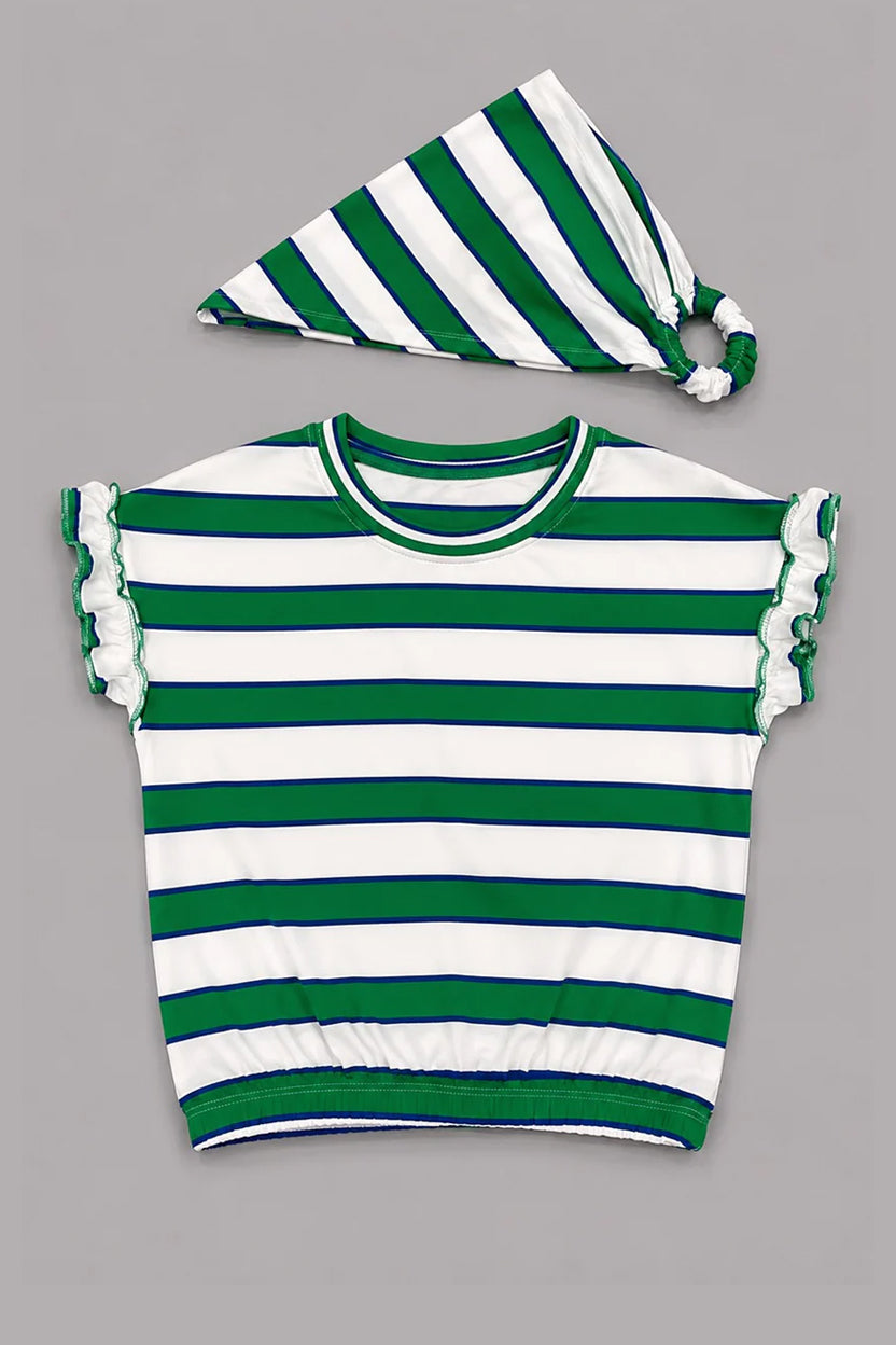White With Green Stripe Bandana T-shirt Top For Girls