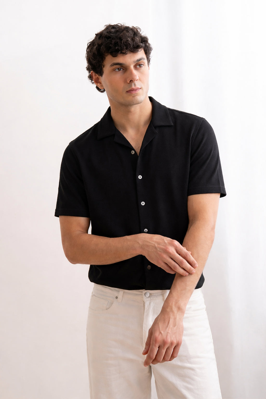 Black PK Fabric Half Sleeves Casual Shirt For Men