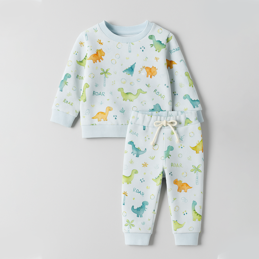 Sky Blue Dino Print Fleece Fabric Suit For Winters