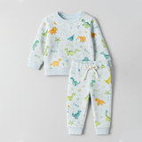 Sky Blue Dino Print Fleece Fabric Suit For Winters