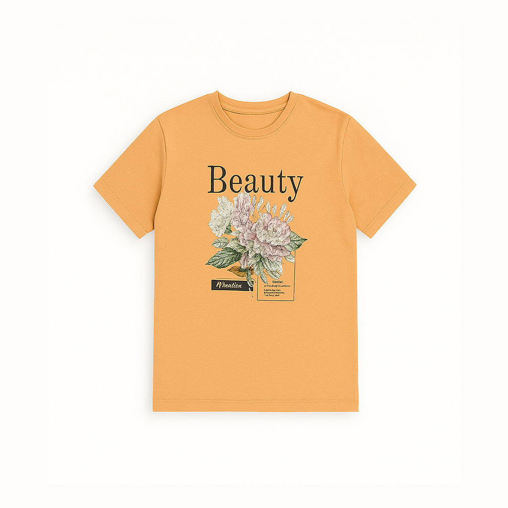 PEACH BEAUTY FLOWERS PRINT T-SHIRT FOR WOMEN