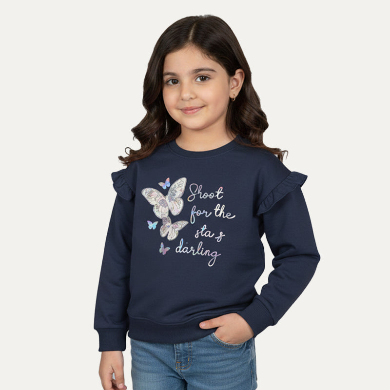 Navy Blue Butterflies Print Fleece Fabric Sweatshirt Main image