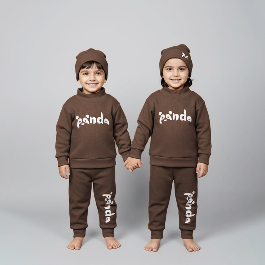 Dark Brown Panda Print Ribbed Fabric Suit For Winters Secondary image