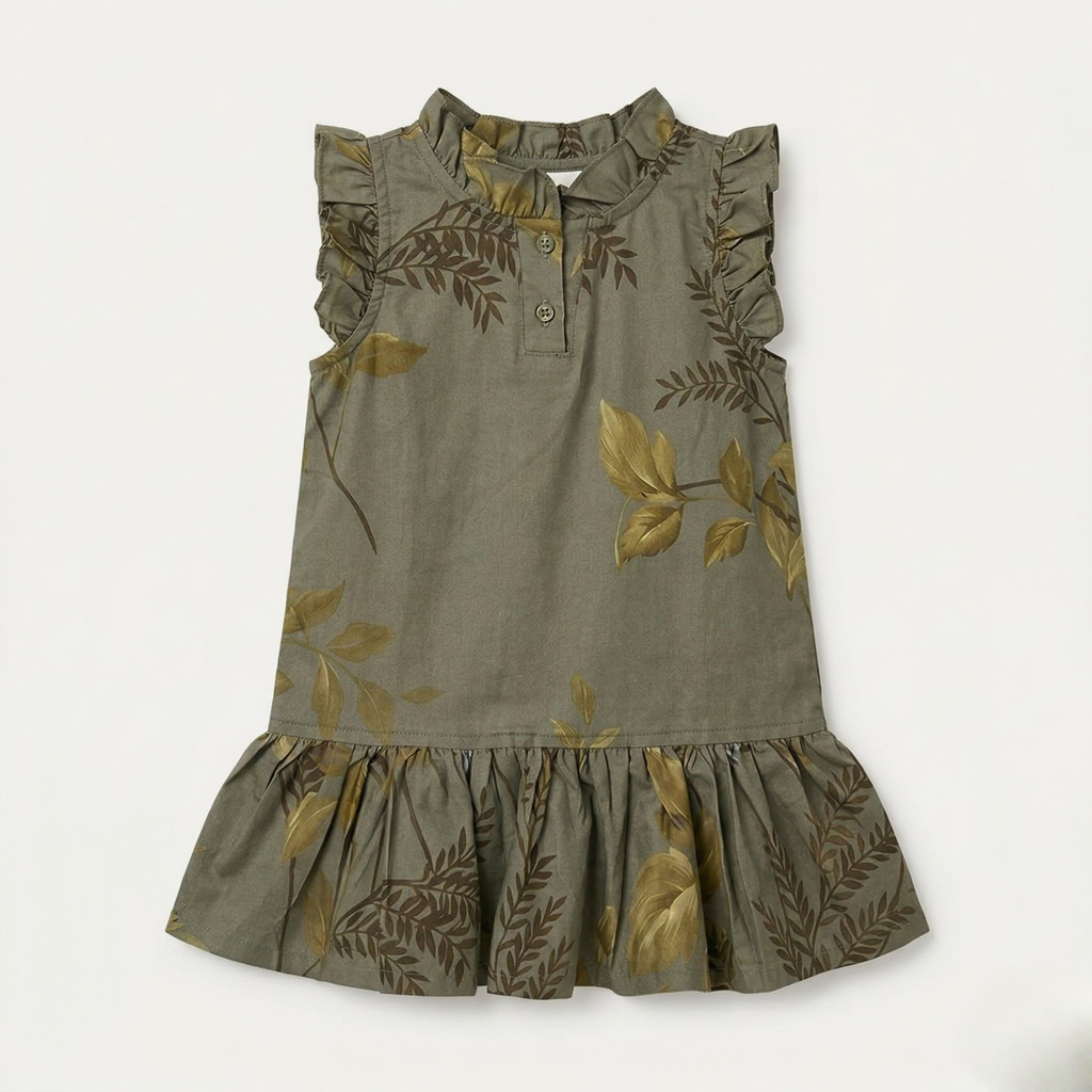 Green Leaves Print Frock For Girls