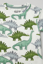 White Dino Print Half Sleeves T-Shirt For Boys