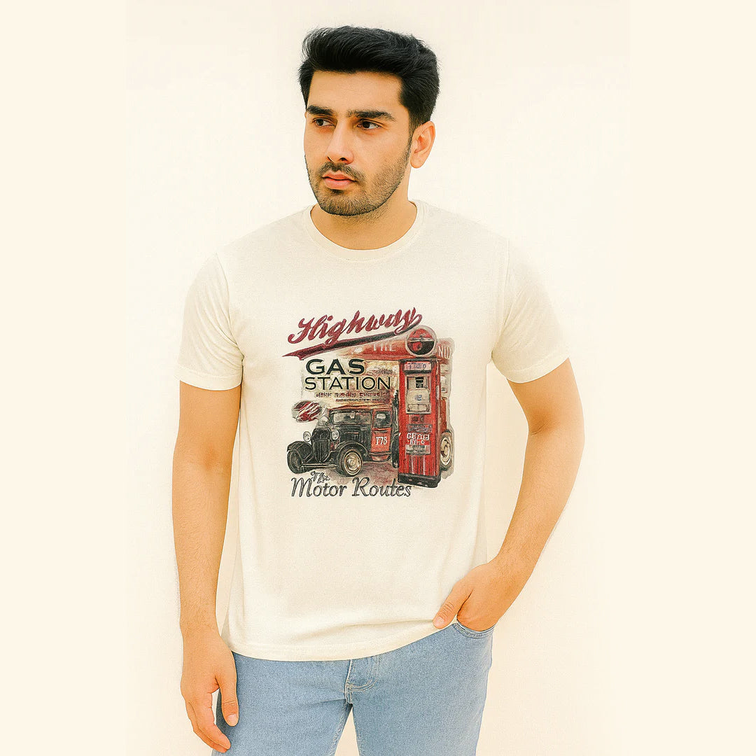CREAM "GAS STATION" PRINT T-SHIRT FOR MEN