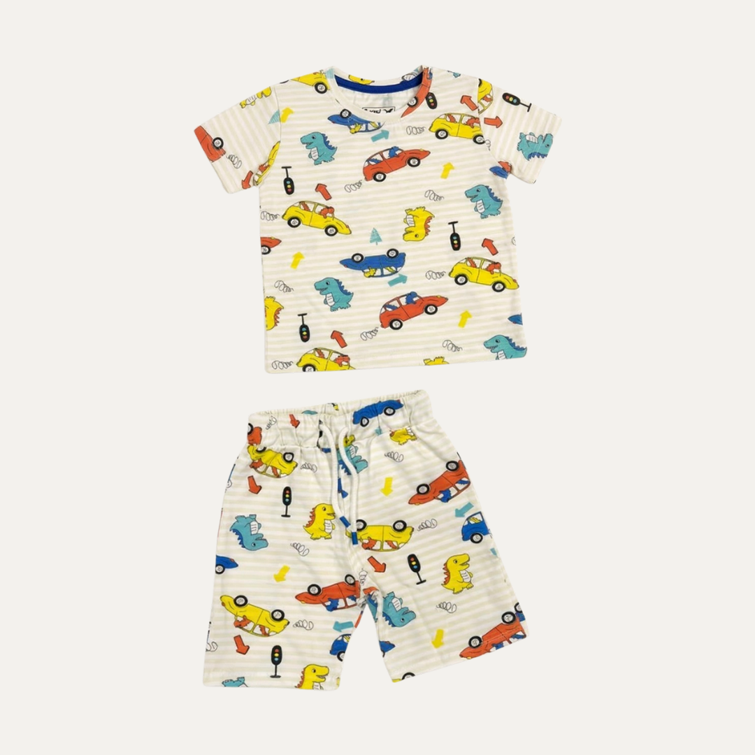 Cream Dragon With Cars Print Suit For Summers Secondary image