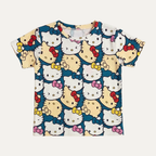 Blue Kitten Print T-shirt Top For Girls