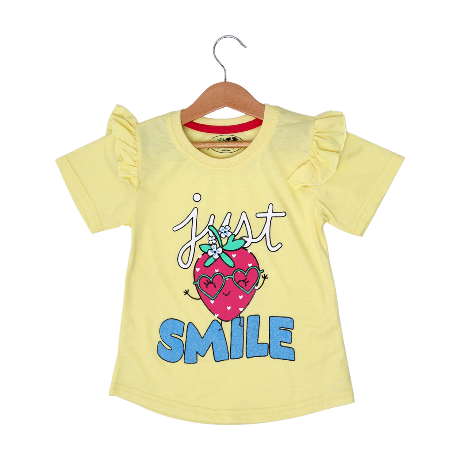 LIME YELLOW "JUST SMILE" PRINTED T-SHIRT TOP FOR GIRLS Secondary image