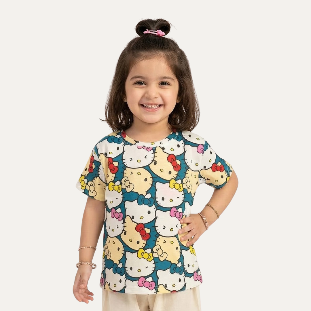 Blue Kitten Print T-shirt Top For Girls Main image