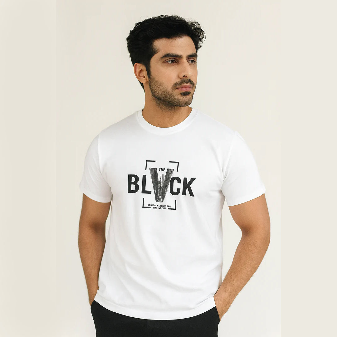 WHITE "BLACK" PRINT T-SHIRT FOR MEN