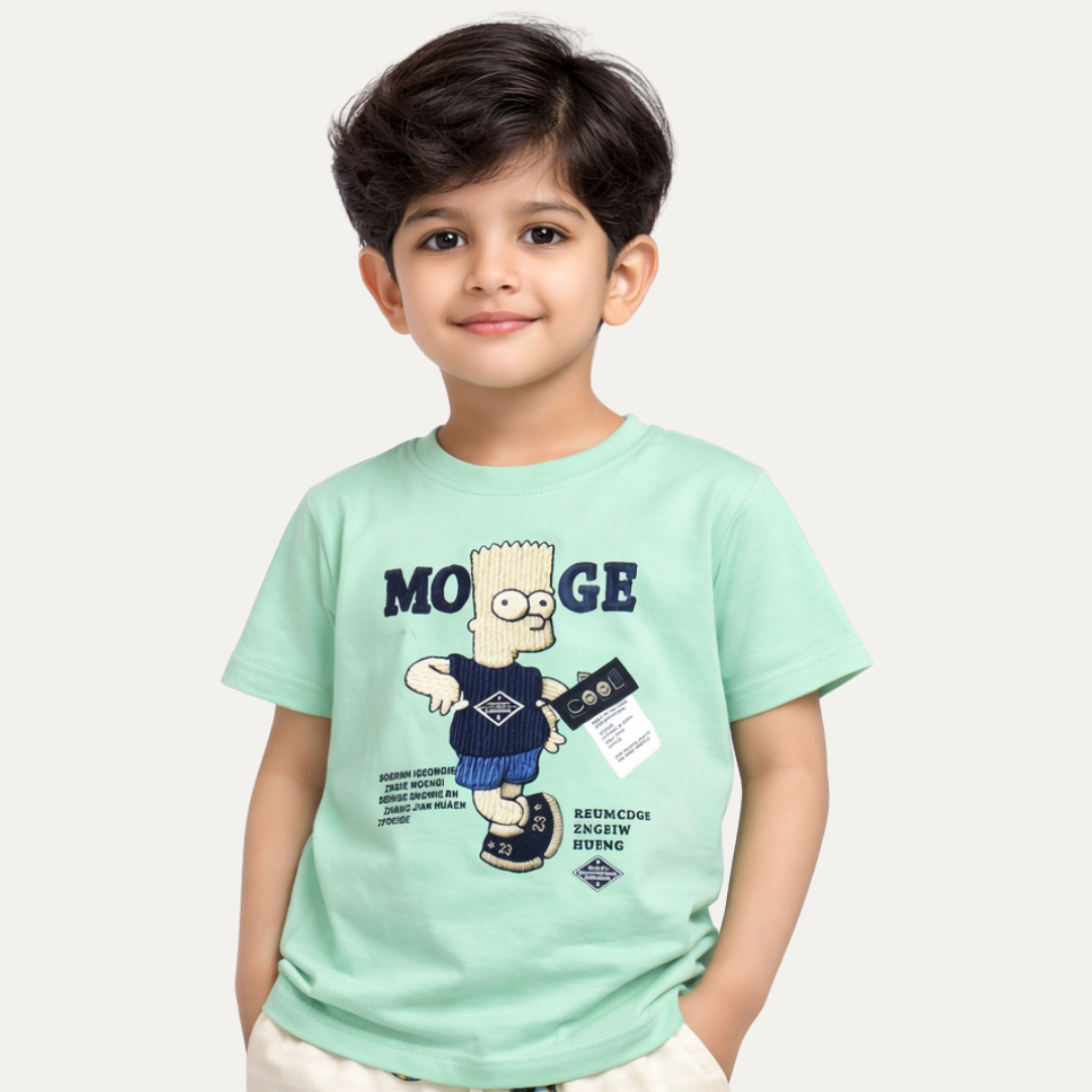 Turquoise Catoon Print Half Sleeves T-Shirt For Boys Main image