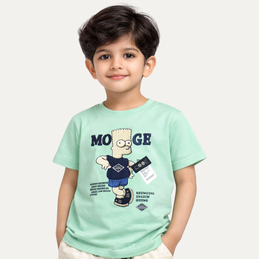 Turquoise Catoon Print Half Sleeves T-Shirt For Boys