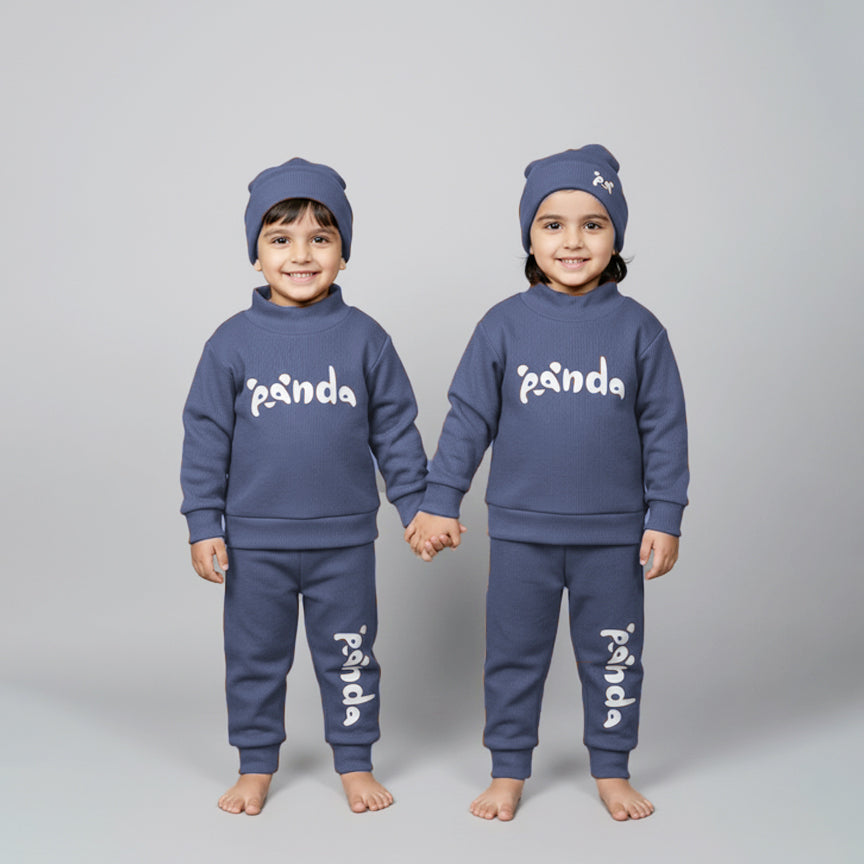 Blue Panda Print Ribbed Fabric Suit For Winters Secondary image