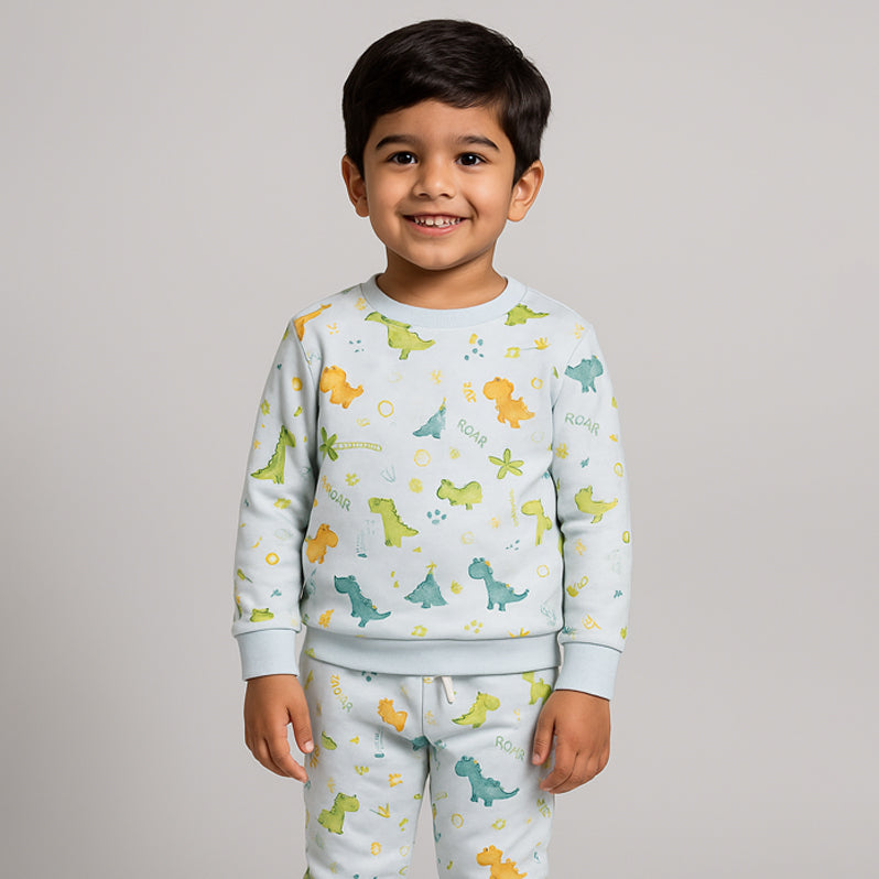 Sky Blue Dino Print Fleece Fabric Suit For Winters Main image