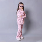 PINK HIGH NECK & FRIL TROUSER "HEARTS" PRINTED RIBBED FABRIC WINTER SUIT