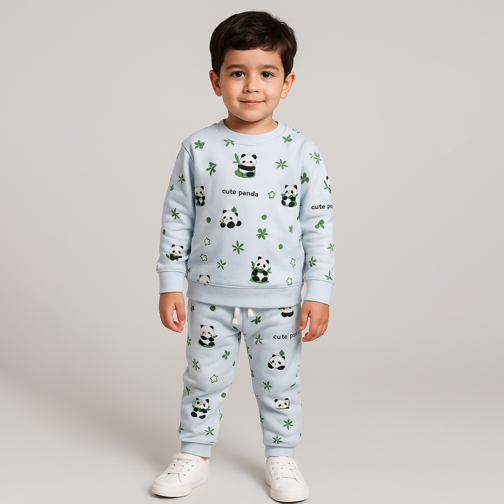 Sky Blue Panda Print Fleece Fabric Suit For Winters Secondary image