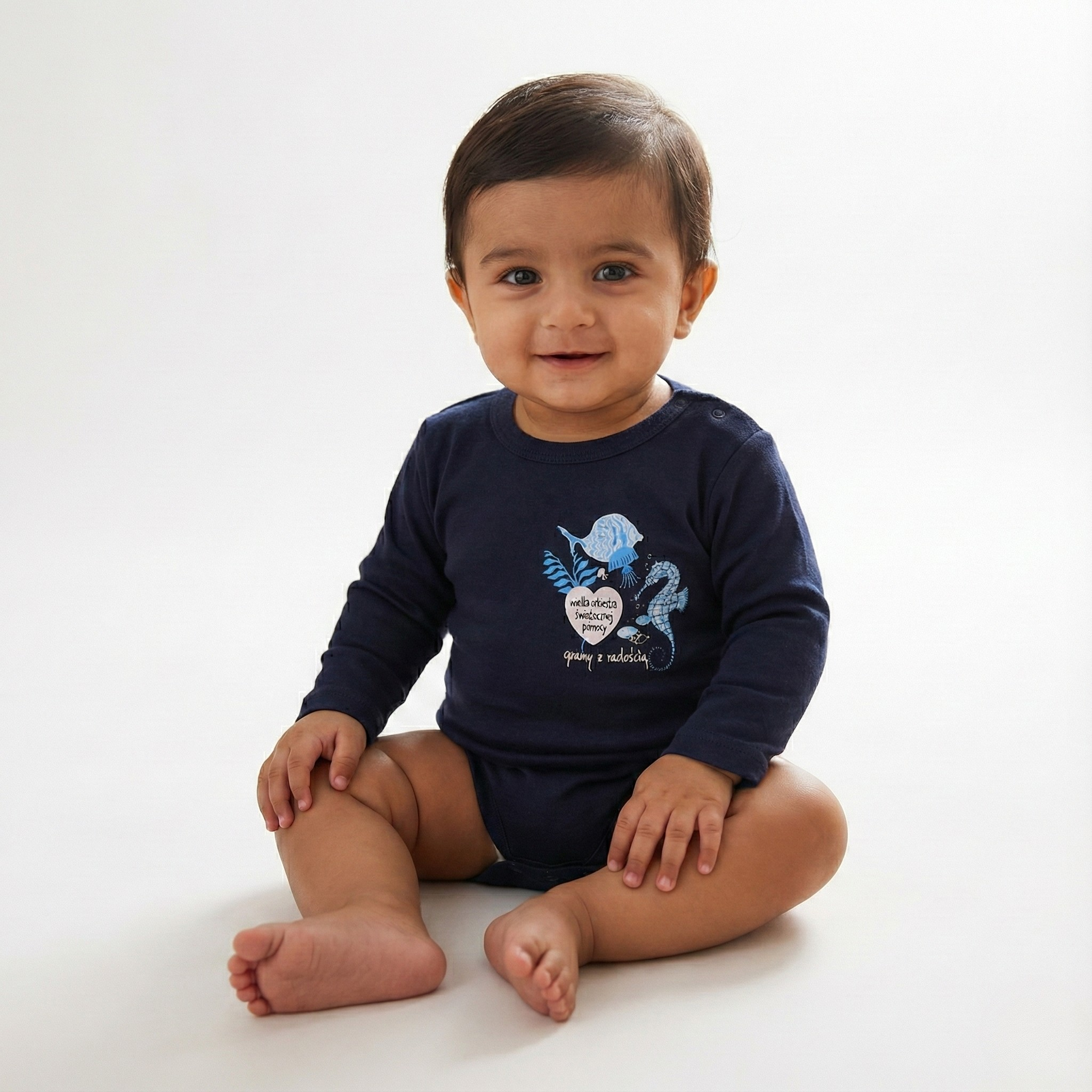 NAVY BLUE SEA HORSE & FISH PRINTED FULL SLEEVES HALF BODY ROMPER