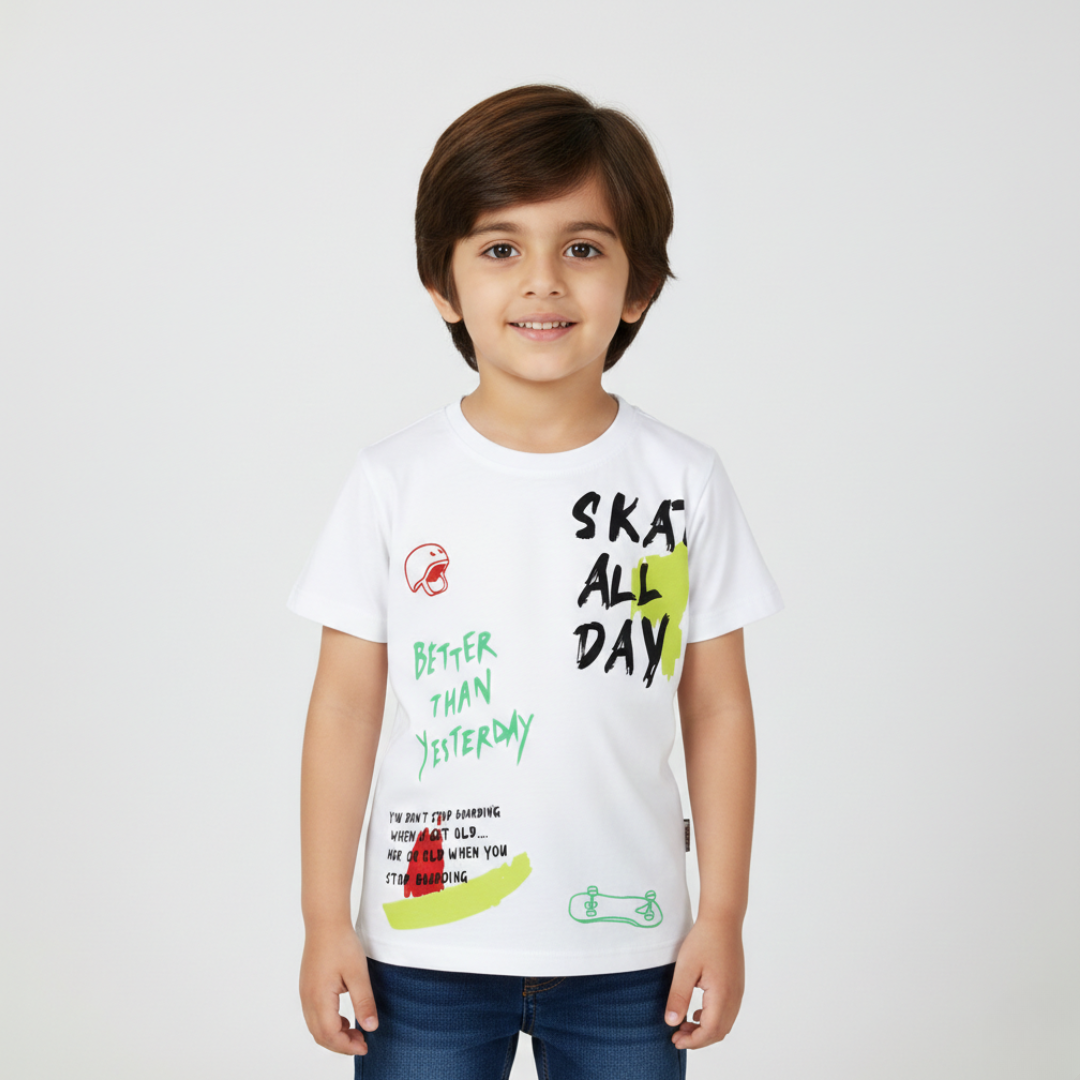 WHITE SKATE ALL DAY PRINT HALF SLEEVES T-SHIRT FOR BOYS